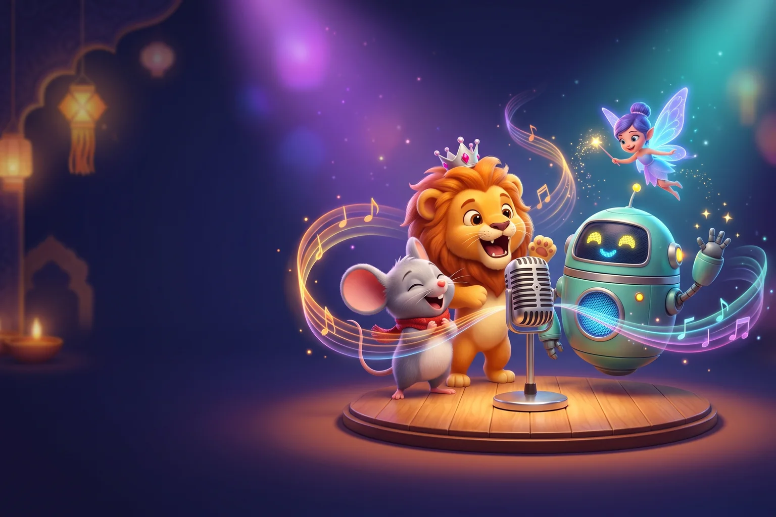 Ek purane mic ke saamne chooha, sher, robot aur pari, sab apni-apni awaaz me bolte hue